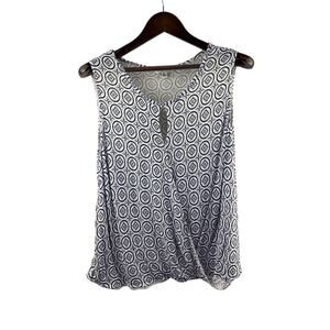 Women’s Cabi XL White w/ Blue Patterned Sleeveless Faux Wrap Style Blouse